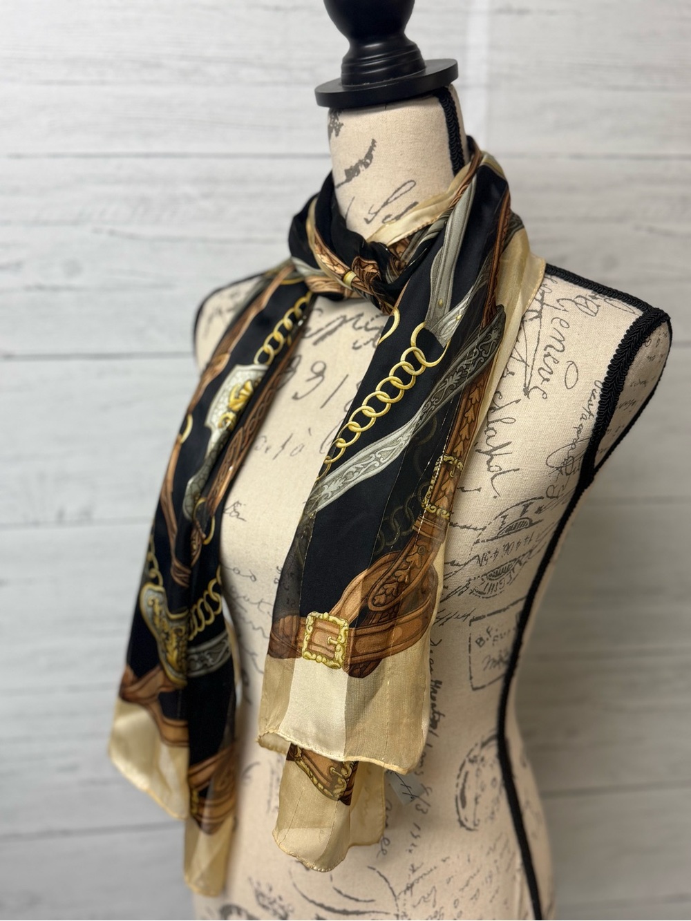 Luxury Black & Gold Chain-Print Fashion Silk Scarf by Hiroko Kapp